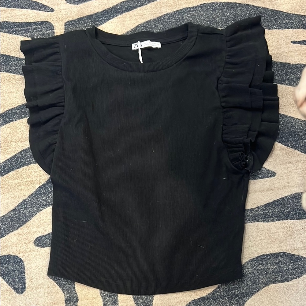 Black Ruffled Sleeve Top